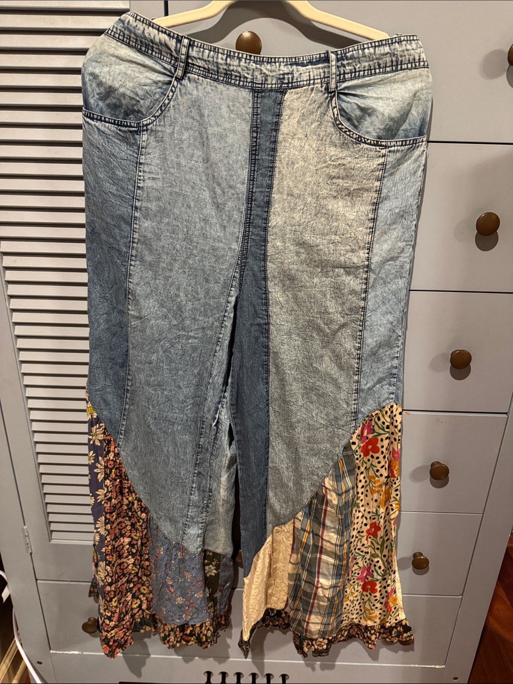 Patchwork Wide-Leg Flare Jeans - Light Blue